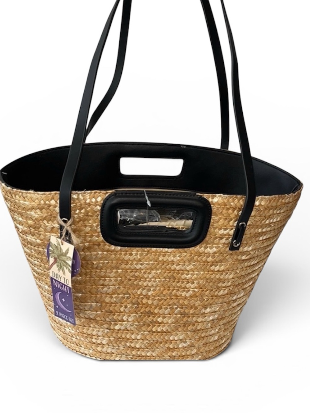 NWT Tan and Black Structured Straw Tote Bag